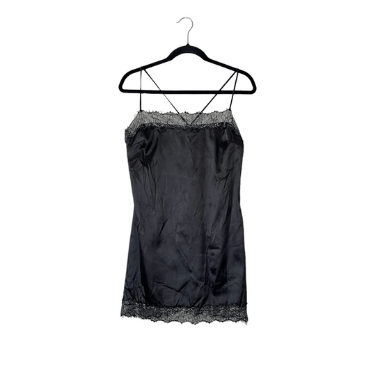 Meshki Satin Lace Trim Black Slip Mini Dress NEW Size Large