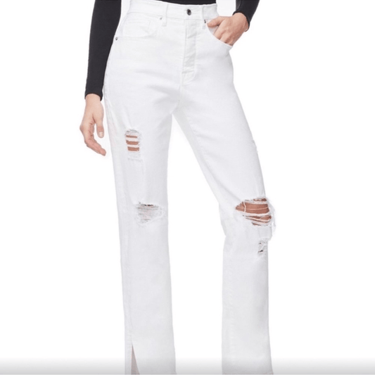Good American Good Boy White Distressed Straight Jeans Size 2/26