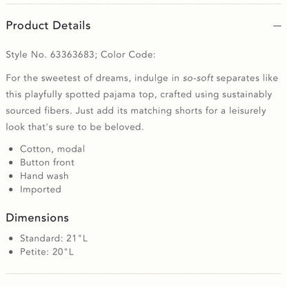 Anthropologie Spotted Pajama Top NEW Size Medium Petites