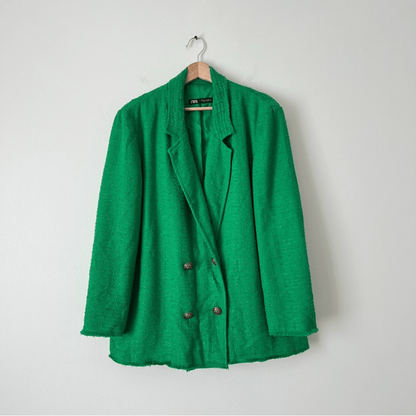 Zara Tweed Oversized Blazer Textured Double Breasted Size Large in Green Blogger