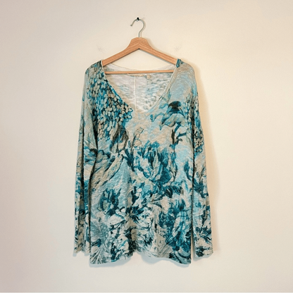 Soft Surroundings V-Neck Sweater Blue Floral Pullover Knit Size Large