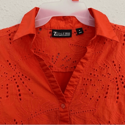 New York & Company 7th Avenue Cotton Eyelet Button Front Shirt Size Medium