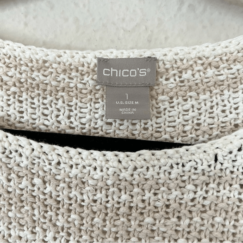 Chico's Striped Linen Blend Textured Chunky Knit Sweater Size Medium 3/4 Sleeve