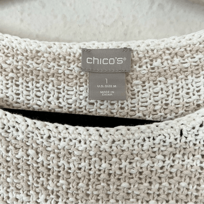 Chico's Striped Linen Blend Textured Chunky Knit Sweater Size Medium 3/4 Sleeve