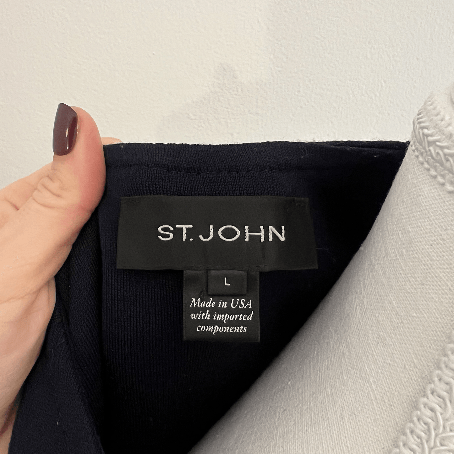 St. John Navy Blue Wool Blend Full Zip 3/4 Sleeve Knit Jacket Blazer Size Large