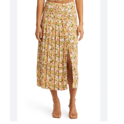 Open Edit Pleated Midi Skirt Orange Multi Meadow Floral Size Medium