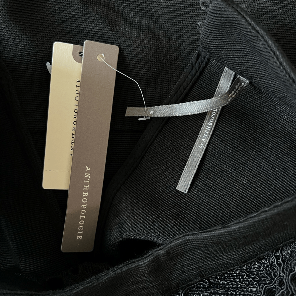 Anthropologie Mock-Neck Lace-Inset Fit & Flare Black Dress NEW Size Medium