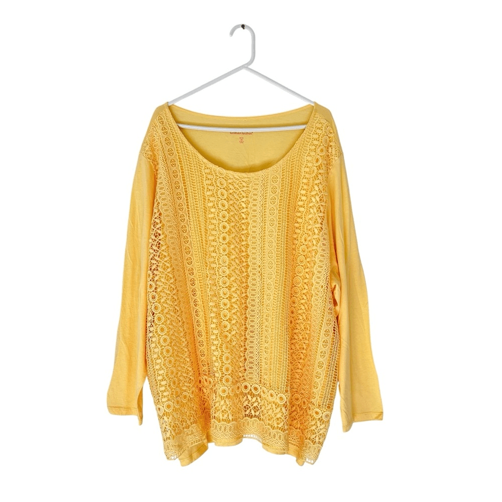 Woman Within Crochet Lace Long Sleeve Top in Yellow Size 3X Cotton