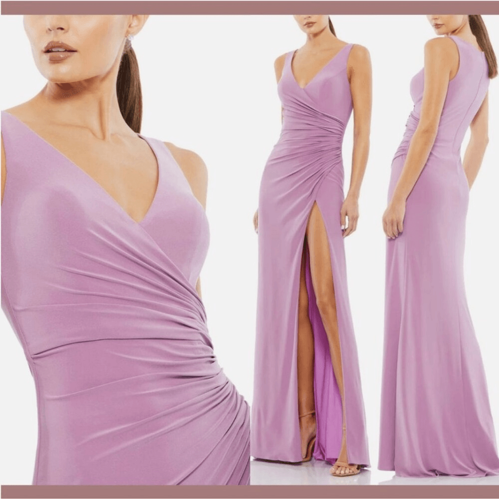 IEENA Mac Duggal Faux Wrap Thigh High Slit V-Neck Sleeveless Gown NEW Size 14