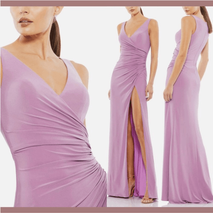 IEENA Mac Duggal Faux Wrap Thigh High Slit V-Neck Sleeveless Gown NEW Size 14