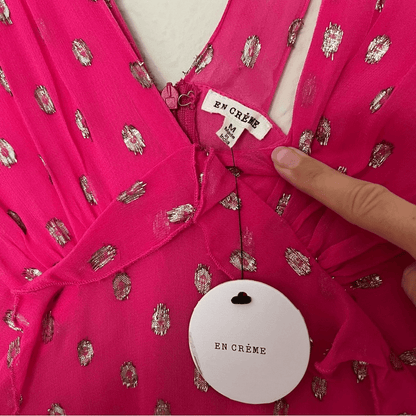 En Creme Pink Metallic Ruffled Maxi Dress Size Medium NEW