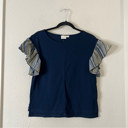 Anthropologie Postmark Seafarer Ruffle Sleeve Navy Blue Top Size Small