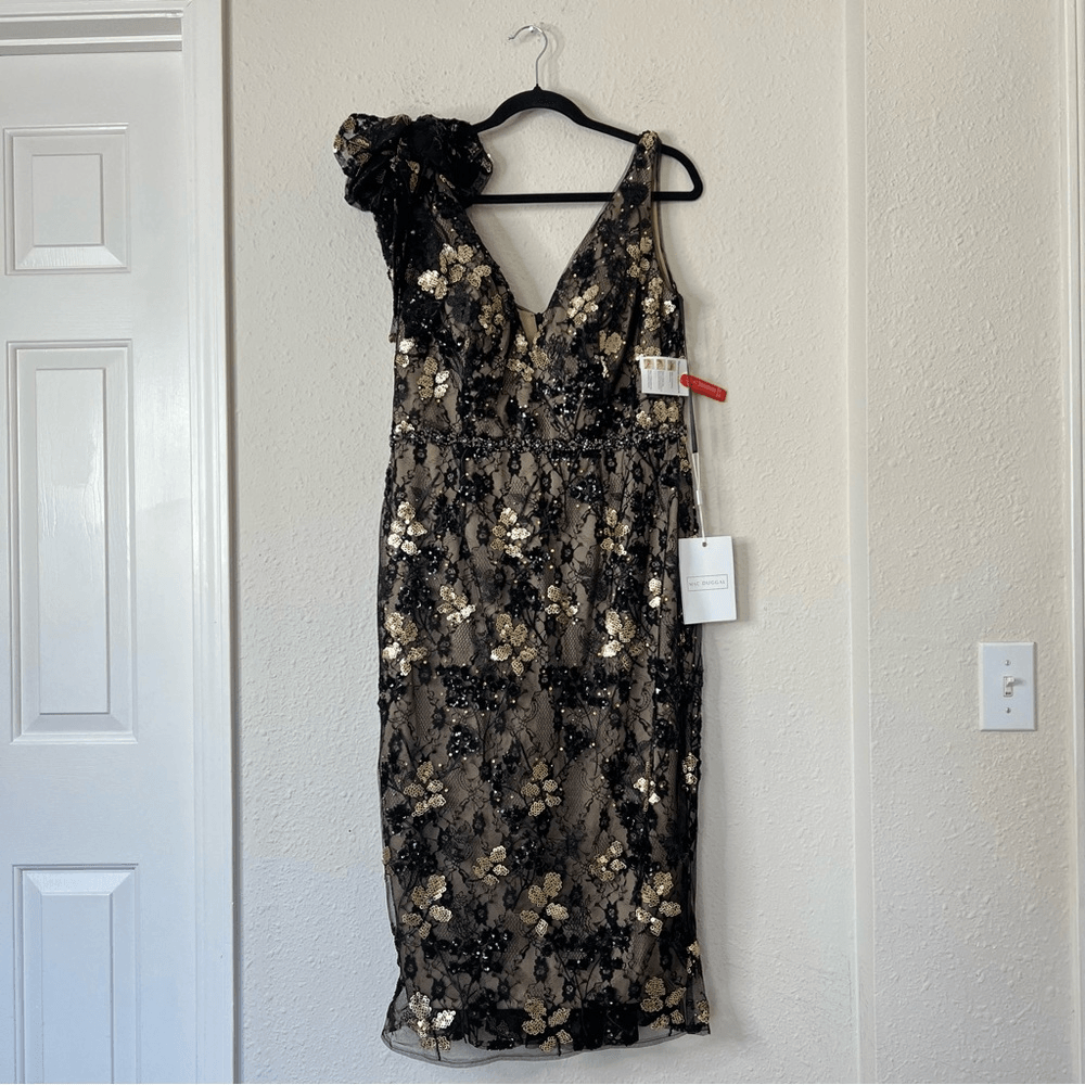 Mac Duggal Floral Embellished V-Neck Midi Dress With Shoulder Bow NEW Size 12
