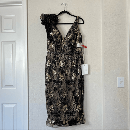 Mac Duggal Floral Embellished V-Neck Midi Dress With Shoulder Bow NEW Size 12