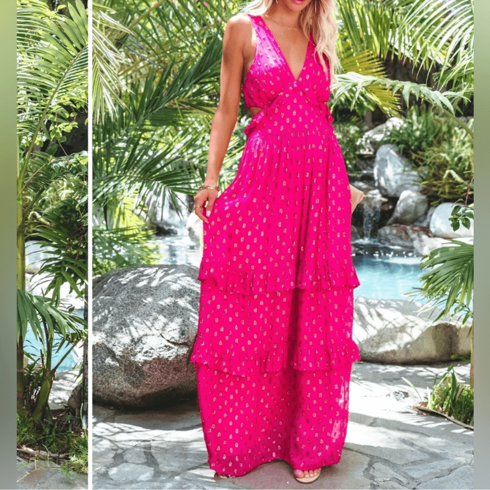 En Creme Pink Metallic Ruffled Maxi Dress Size Medium NEW