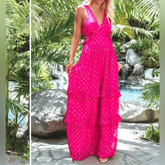 En Creme Pink Metallic Ruffled Maxi Dress Size Medium NEW