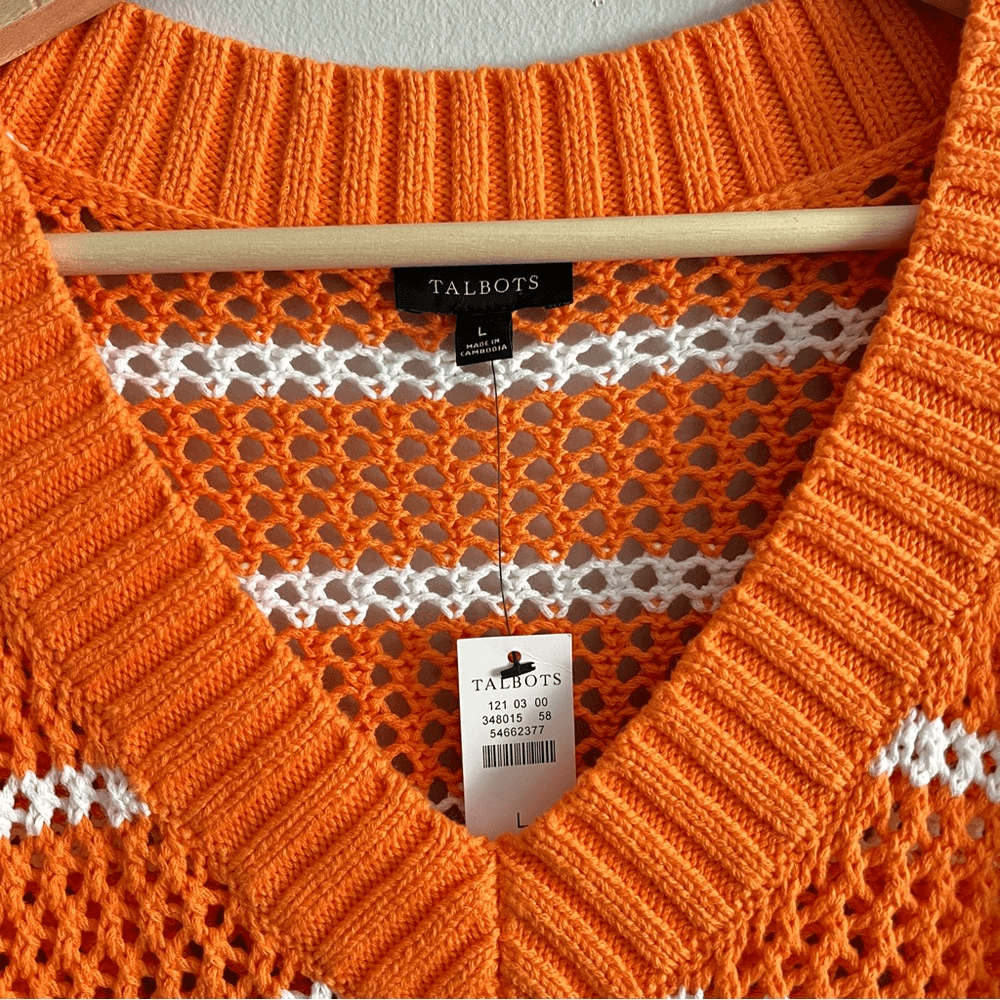 Talbots Open Weave Long Sleeve Sweater Cotton NEW Size Large Striped Resortwear