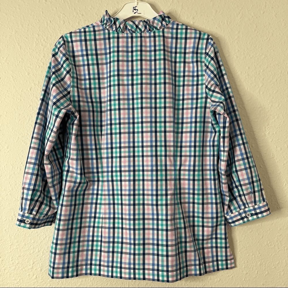 Talbots Ruffle Neck Gingham Shirt Blouse Size 4 Petites