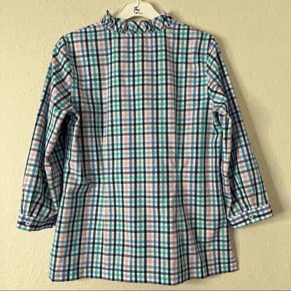 Talbots Ruffle Neck Gingham Shirt Blouse Size 4 Petites