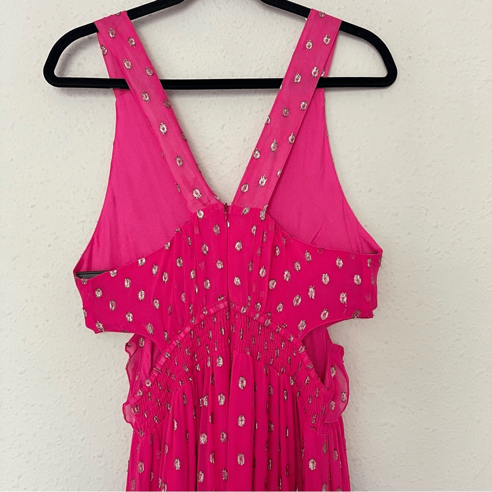 En Creme Pink Metallic Ruffled Maxi Dress Size Medium NEW