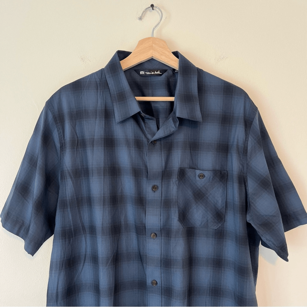 Travis Mathew Mens Short Sleeve Button Up Shirt Blue Check Print Size XL
