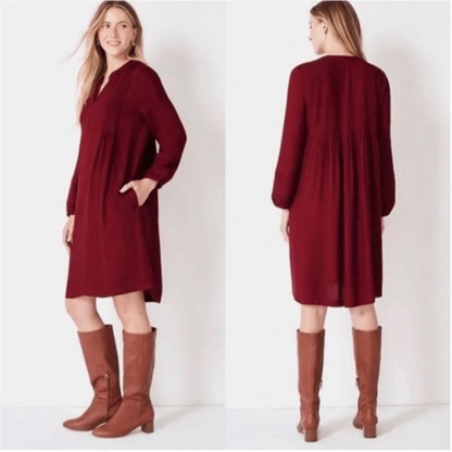 J. Jill Burgundy Brushed Twill Pintucked Mini Dress NEW Small Long Sleeve