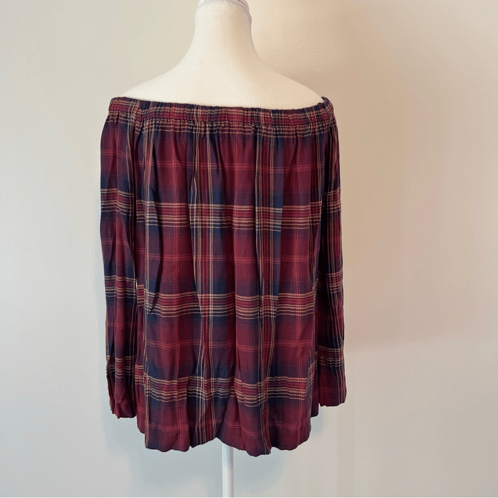 Anthropologie Cloth & Stone Homestead Plaid Off the Shoulder Top Small Burgundy