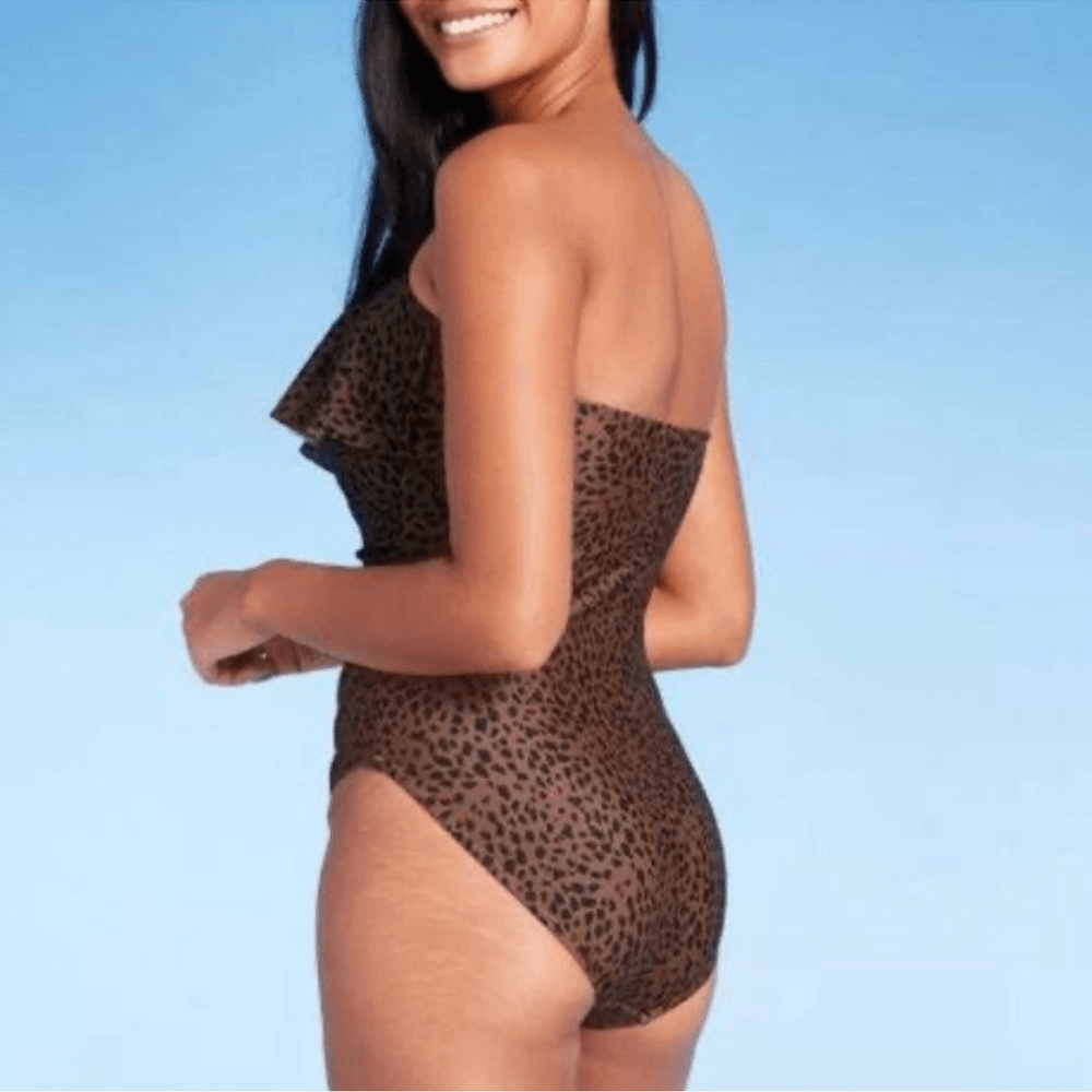 Kona Sol Swim Leopard Swimsuit Bandeau Flounce High Coverage One Piece NEW Small