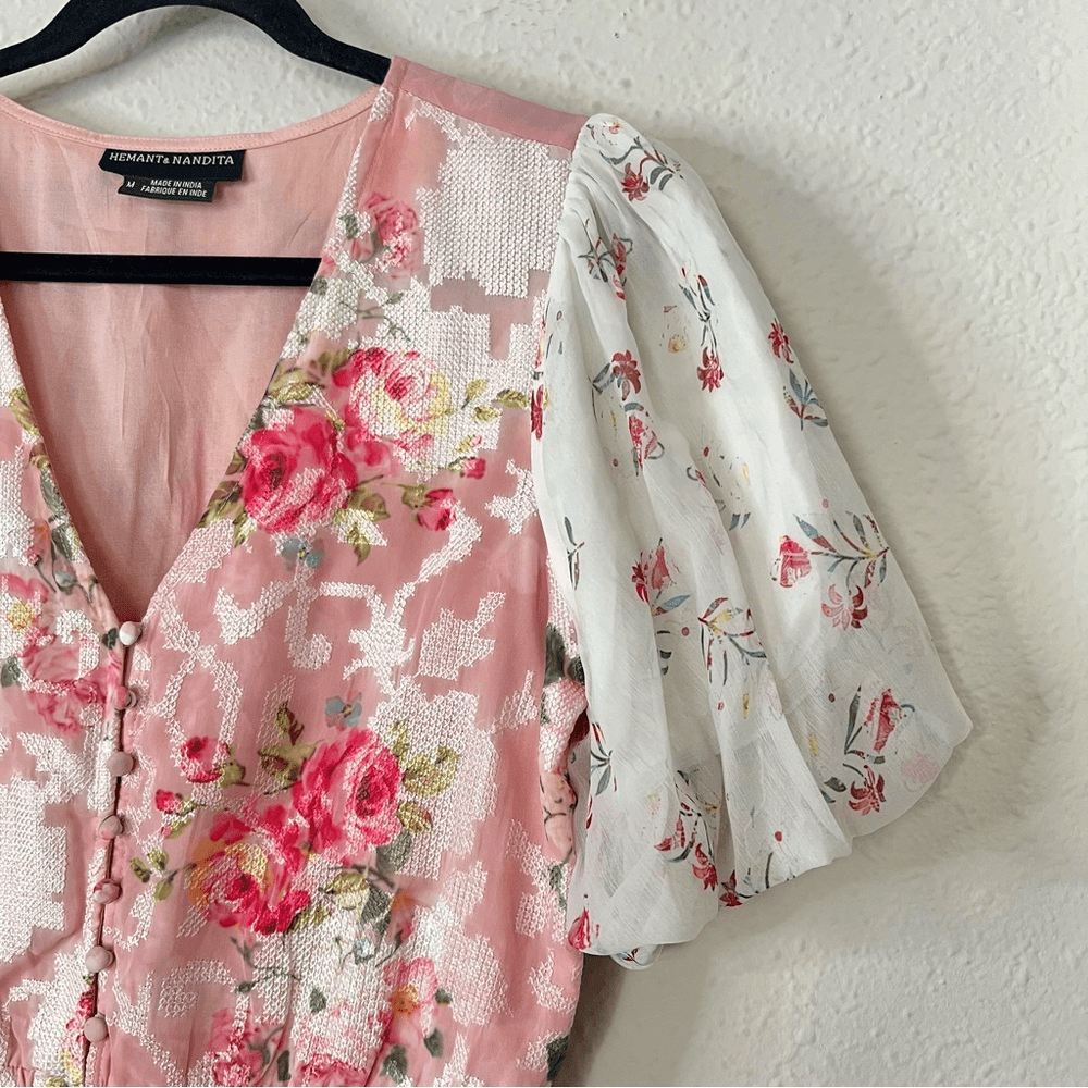 Hemant & Nandita Rose Garden Floral Boho Blouse Size Medium Peasant