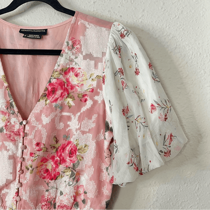 Hemant & Nandita Rose Garden Floral Boho Blouse Size Medium Peasant
