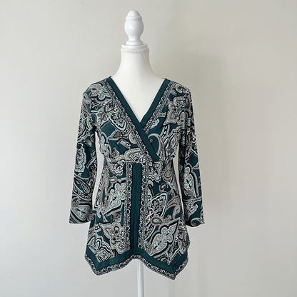 INC International Concepts Paisley Babydoll 3/4 sleeve top Forest Fairy Y2K Sz M