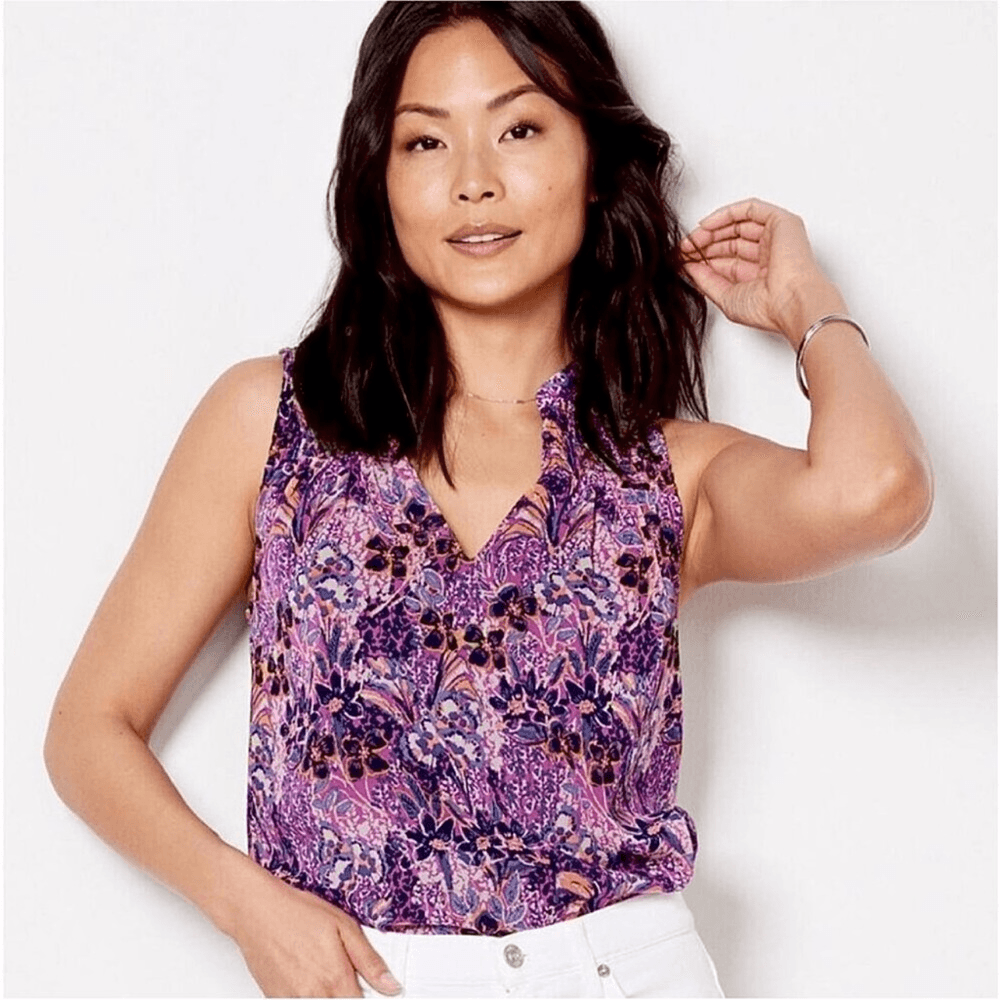 Evereve Darby Chiffon Smocked Floral Sleeveless Blouse Size XS Purple