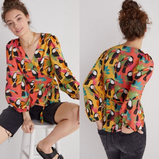 Farm Rio Anthropologie Rainforest Wrap Toucans Tropical Blouse Size Small