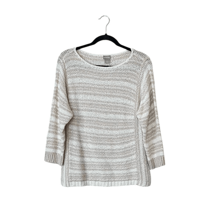 Chico's Striped Linen Blend Textured Chunky Knit Sweater Size Medium 3/4 Sleeve