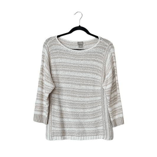 Chico's Striped Linen Blend Textured Chunky Knit Sweater Size Medium 3/4 Sleeve