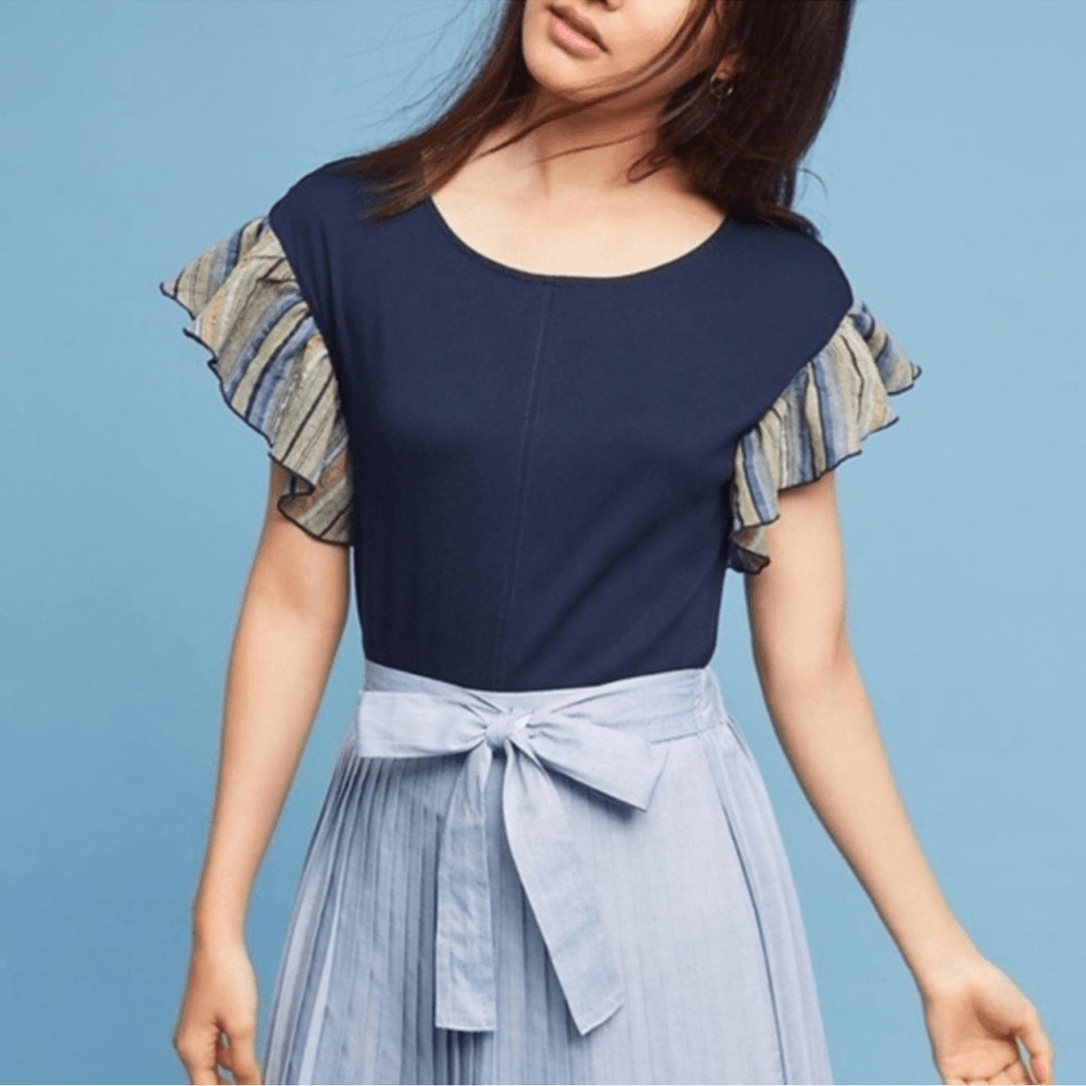 Anthropologie Postmark Seafarer Ruffle Sleeve Navy Blue Top Size Small