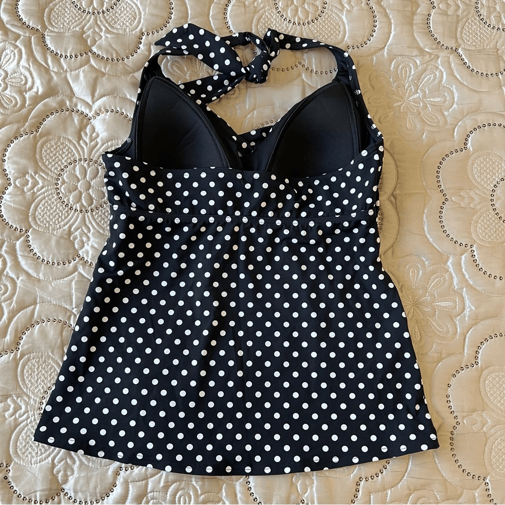 Lands End Polka Dot Halter Tankini Top Size 10 in Black and White