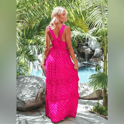 En Creme Pink Metallic Ruffled Maxi Dress Size Medium NEW