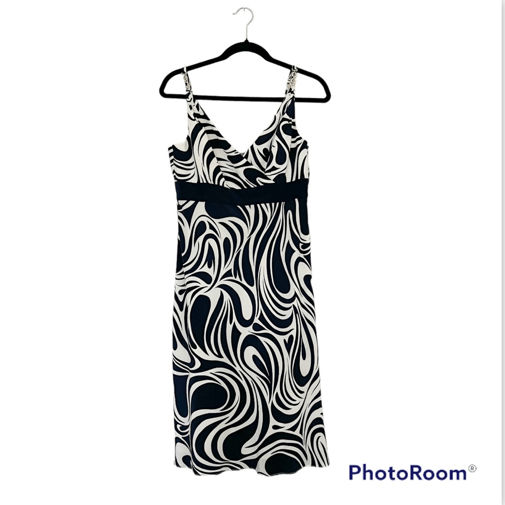 Ann Taylor  100% Silk Navy Blue White Abstract Spaghetti Strap Silk Dress Size 4