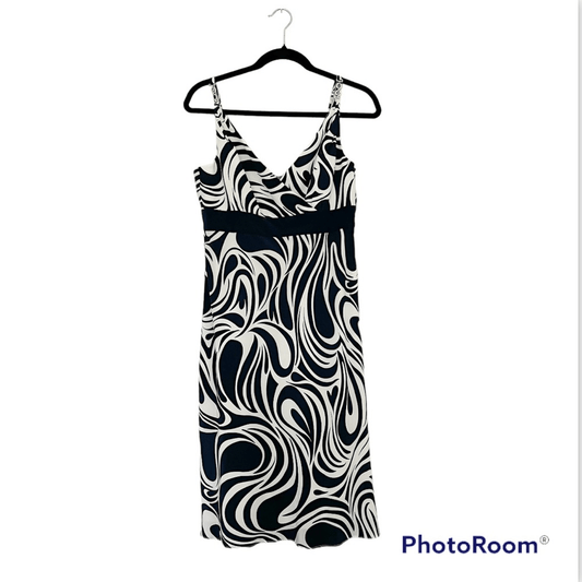 Ann Taylor  100% Silk Navy Blue White Abstract Spaghetti Strap Silk Dress Size 4