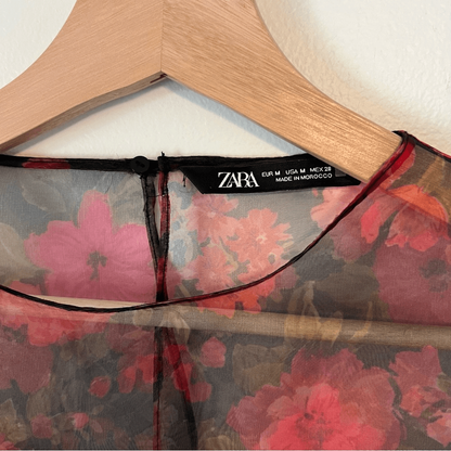 Zara Floral Sheer Organza Cropped Top Size Medium Whimsical Fairy Puff Sleeves