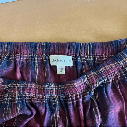 Anthropologie Cloth & Stone Homestead Plaid Off the Shoulder Top Small Burgundy