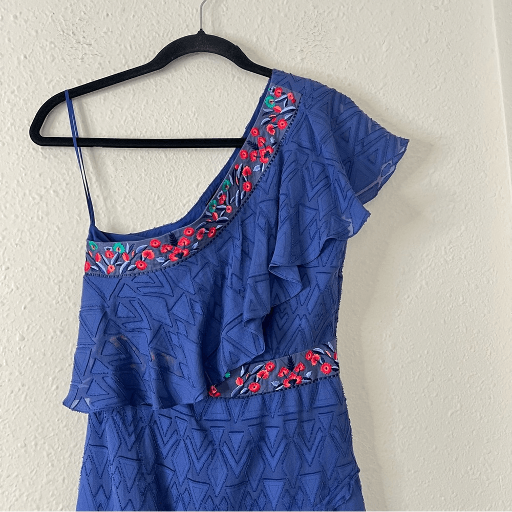 SALONI One Shoulder Ruffle Embroidered Silk Mini Dress Size 4