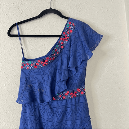 SALONI One Shoulder Ruffle Embroidered Silk Mini Dress Size 4