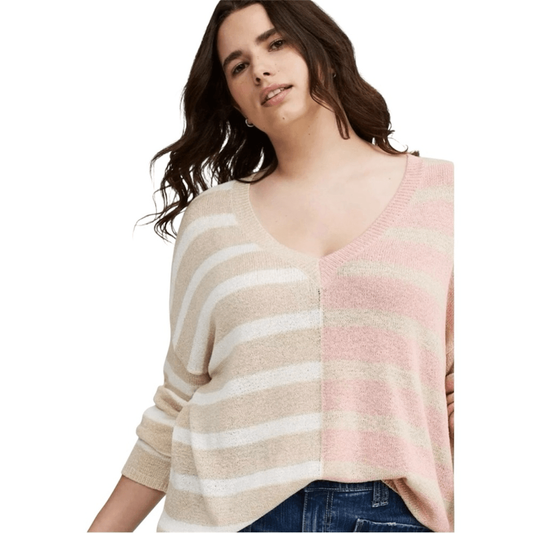 Torrid Striped V-neck Pullover Sweater Size 2X in Cream and Pink