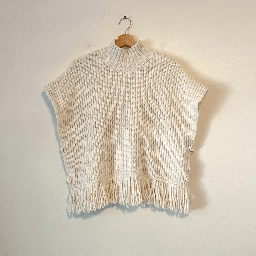 Anthropologie Fringed Mock Neck Ivory Sleeveless Sweater Vest Size Large