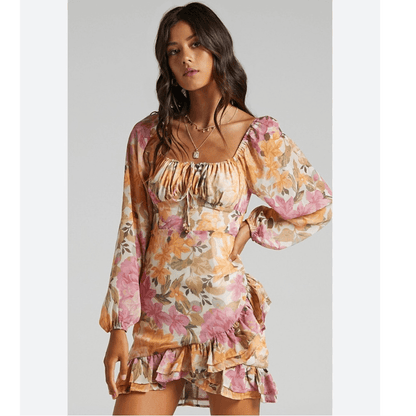 Showpo Floral Grizela Mini Dress NEW Size 12 Pink Long Sleeves