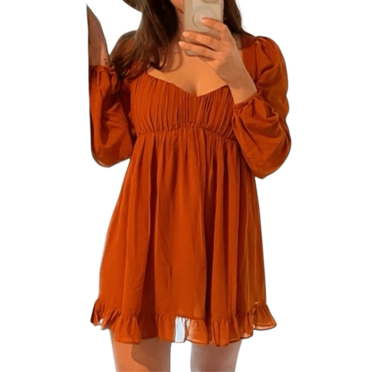 Abercrombie & Fitch Long-Sleeve Ruched Babydoll Mini Dress Size XLT Burnt Orange