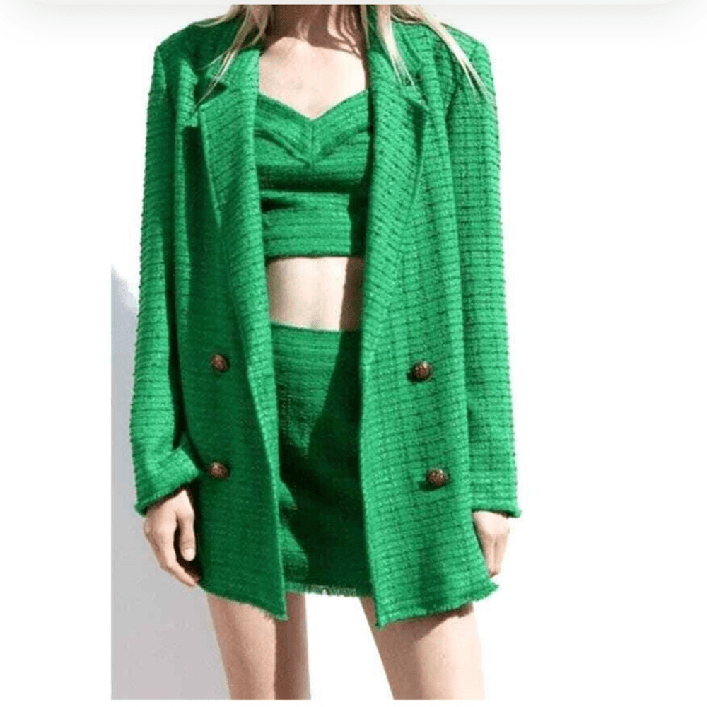 Zara Tweed Oversized Blazer Textured Double Breasted Size Large in Green Blogger