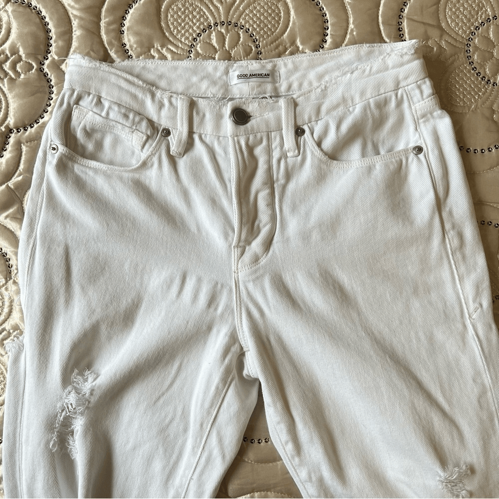 Good American Good Boy White Distressed Straight Jeans Size 2/26
